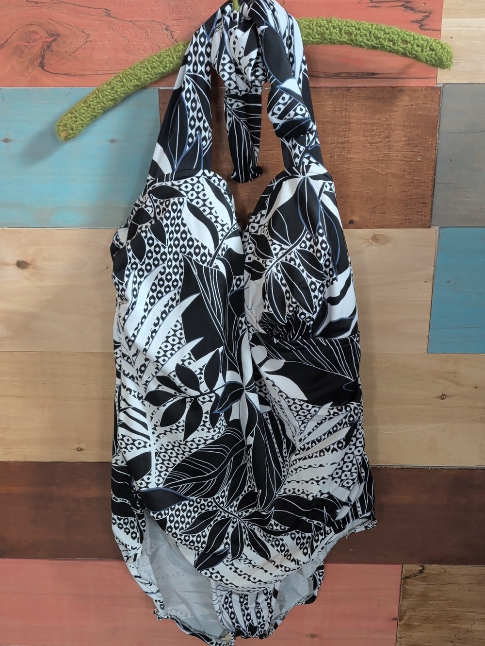 Catalina Black & White Halter Floral-Leaf One-Piece Swimsuit